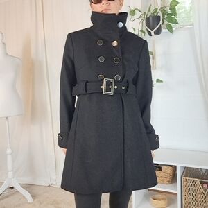 Kenneth Cole Black Wool Military Double-Breasted Belted Midi Coat M